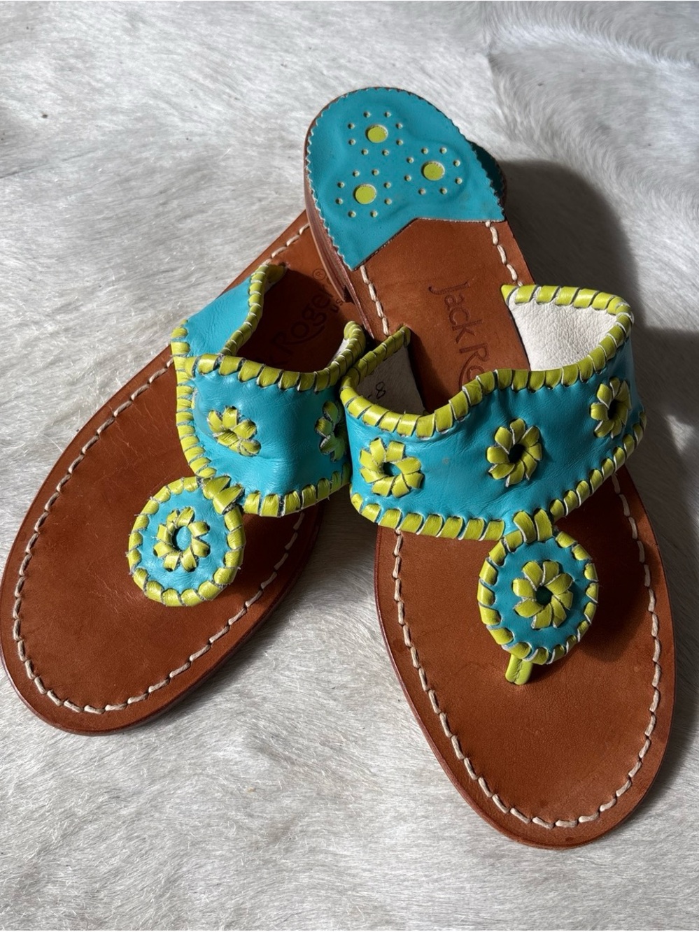 Jack Rogers Blue & Lime Leather Thong Sandals